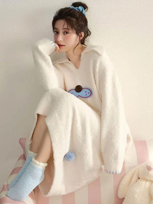 Soft, fluffy fleece nightdress with a collar, pom-pom and blue stitching. Warm, cozy winter loungewear from Rosie Rue.